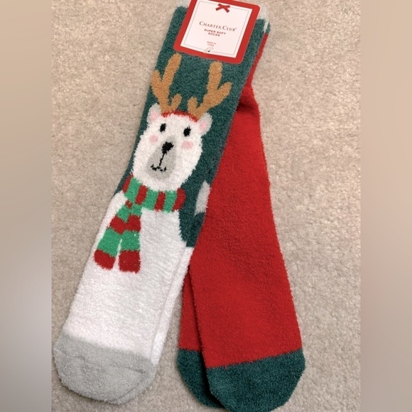 NWT 2pair Charter Club Christmas Polar Bear Theme Socks Women Shoe Size 6-10 - Picture 2 of 5